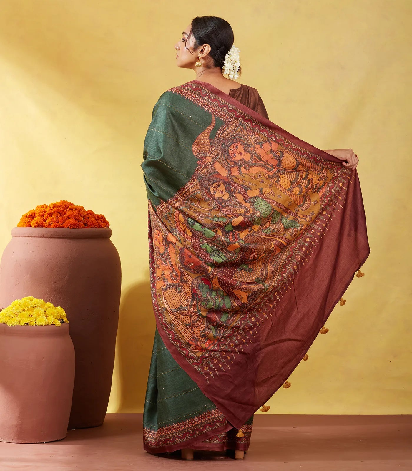 Bottle Green Handloom Tussar Silk Saree Printed With Lord Ram In Pallu