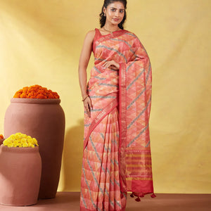 Dark Peach Handloom Tussar Silk Saree Printed With Geometric & Floral Motifs