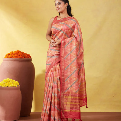 Dark Peach Handloom Tussar Silk Saree Printed With Geometric & Floral Motifs