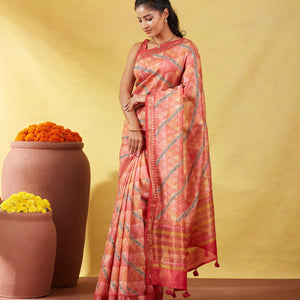 Dark Peach Handloom Tussar Silk Saree Printed With Geometric & Floral Motifs