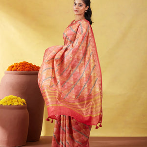 Dark Peach Handloom Tussar Silk Saree Printed With Geometric & Floral Motifs