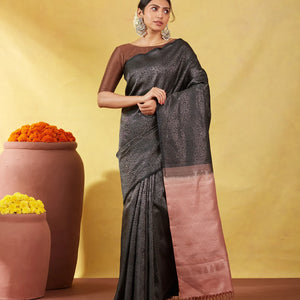 Black Soft Silk Saree With Floral Vine Motifs