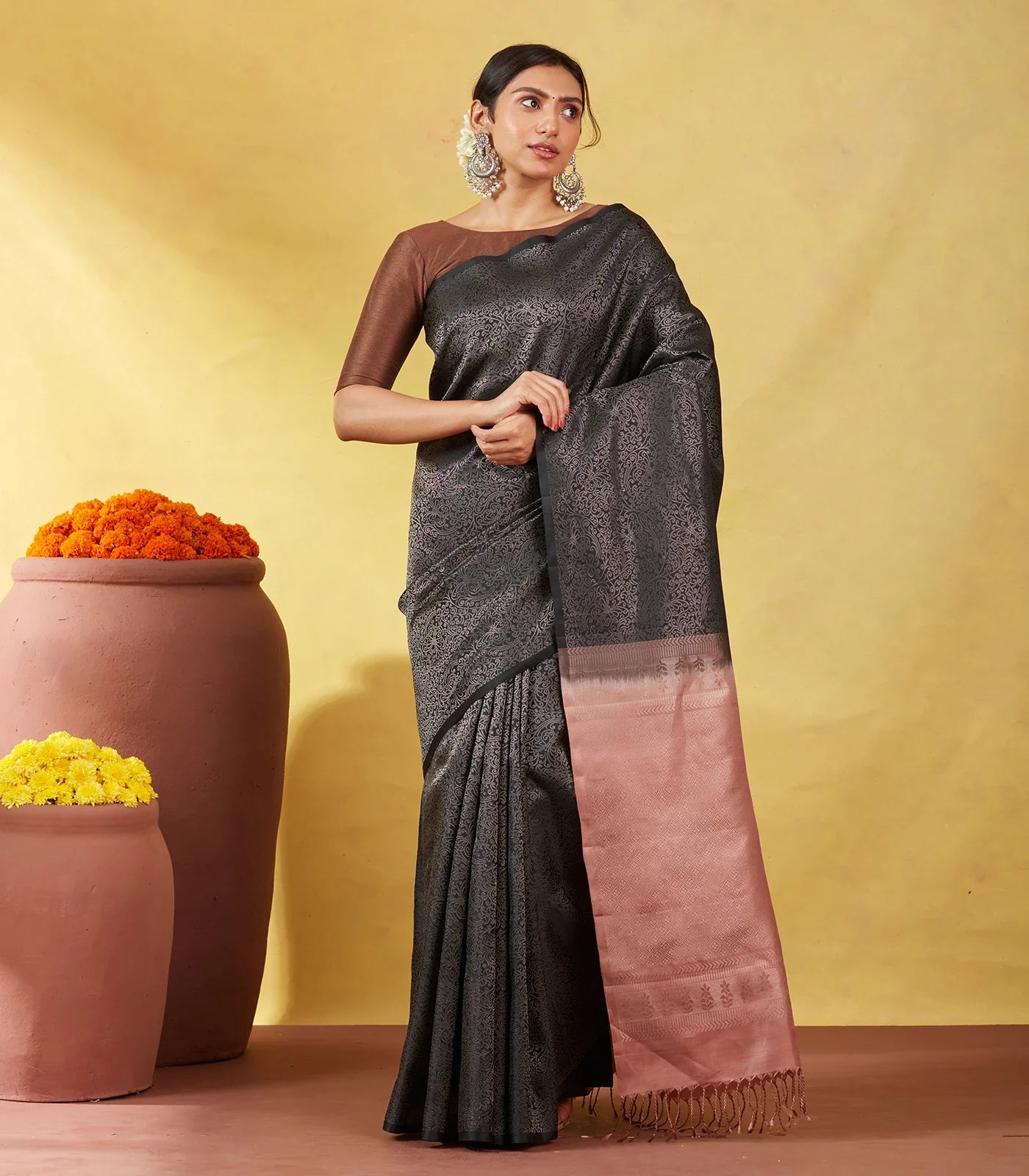 Black Soft Silk Saree With Floral Vine Motifs