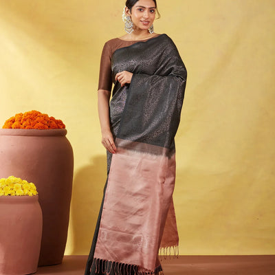 Black Soft Silk Saree With Floral Vine Motifs
