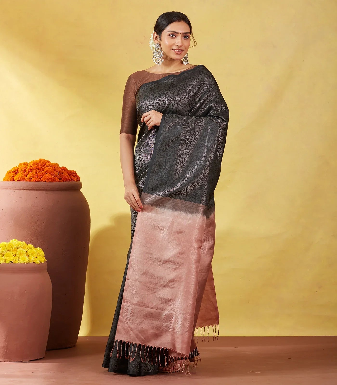 Black Soft Silk Saree With Floral Vine Motifs