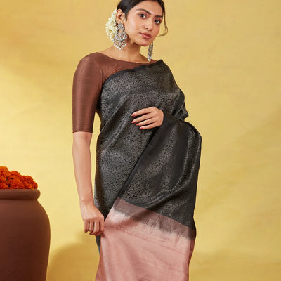 Black Soft Silk Saree With Floral Vine Motifs