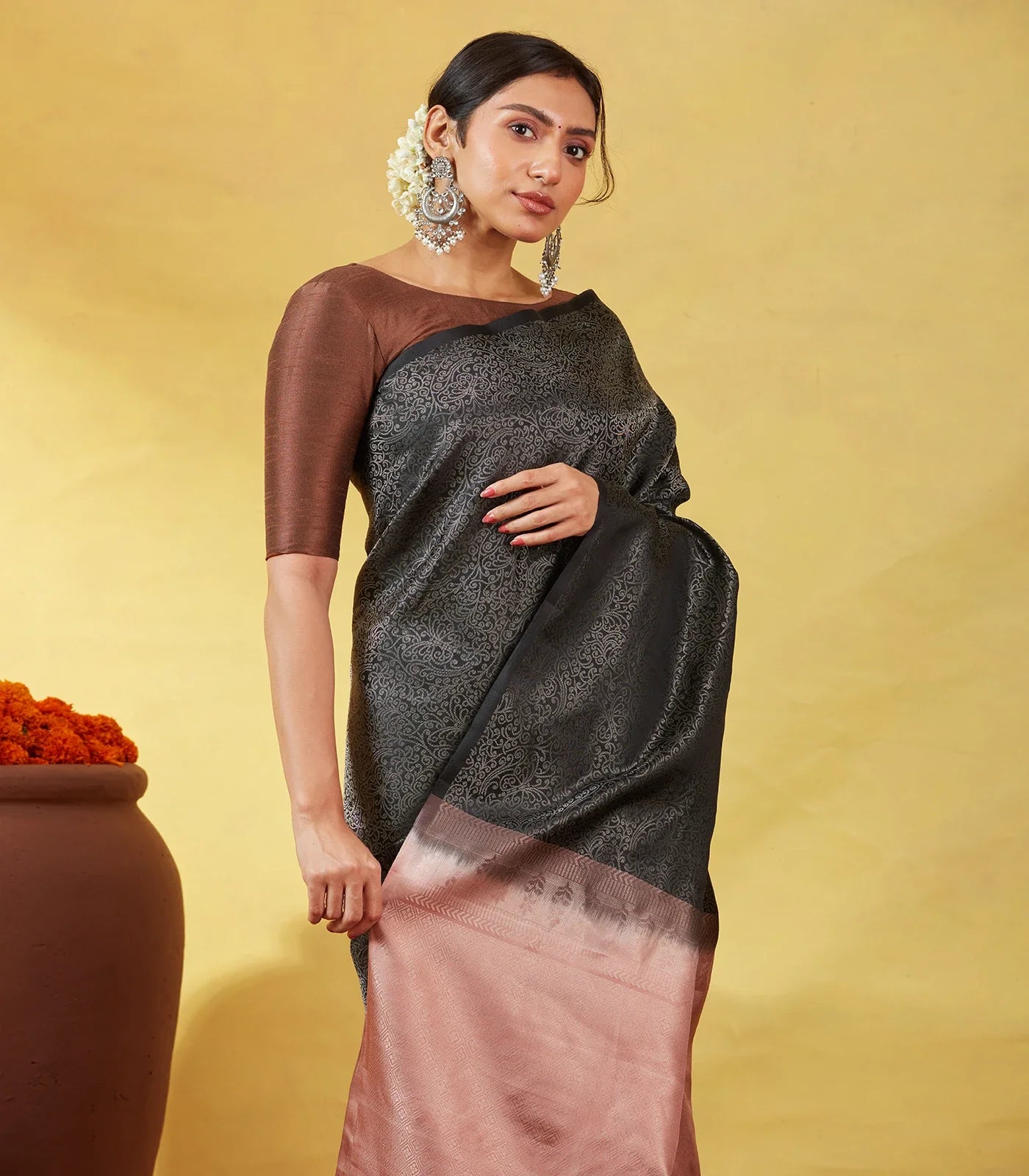 Black Soft Silk Saree With Floral Vine Motifs