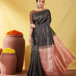 Black Soft Silk Saree With Floral Vine Motifs