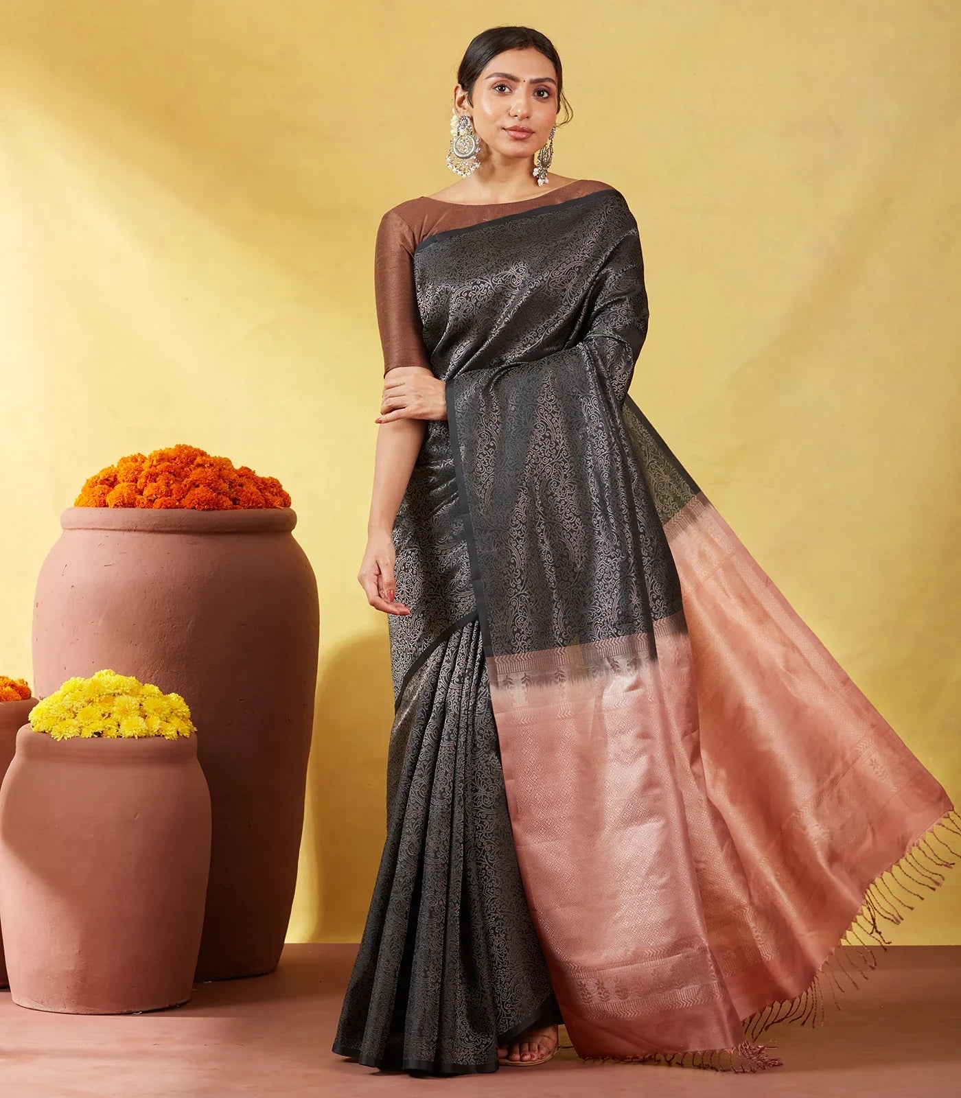 Black Soft Silk Saree With Floral Vine Motifs