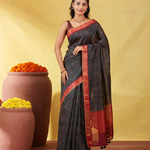 Black Handloom Tussar Silk Saree Printed With Geometric Motifs