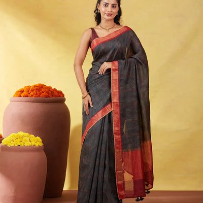 Black Handloom Tussar Silk Saree Printed With Geometric Motifs