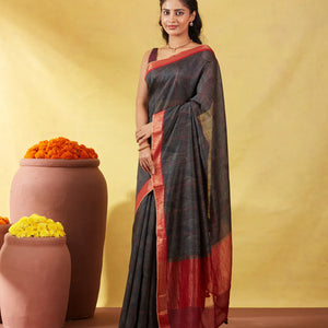 Black Handloom Tussar Silk Saree Printed With Geometric Motifs