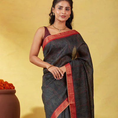 Black Handloom Tussar Silk Saree Printed With Geometric Motifs