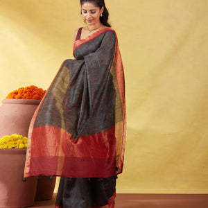 Black Handloom Tussar Silk Saree Printed With Geometric Motifs