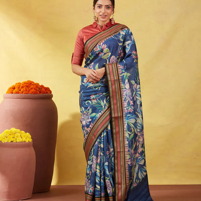 Dark Grey Handloom Tussar Silk Saree With Printed Floral Motifs