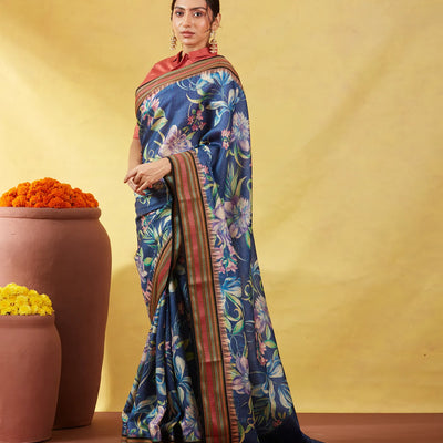 Dark Grey Handloom Tussar Silk Saree With Printed Floral Motifs