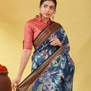 Dark Grey Handloom Tussar Silk Saree With Printed Floral Motifs
