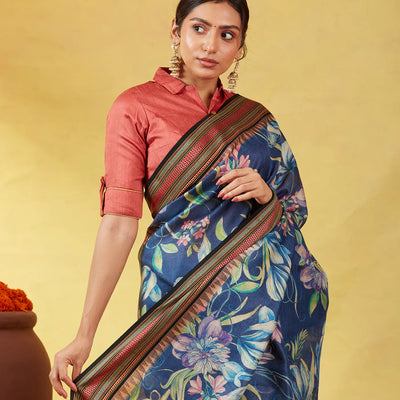 Dark Grey Handloom Tussar Silk Saree With Printed Floral Motifs