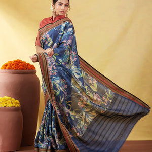 Dark Grey Handloom Tussar Silk Saree With Printed Floral Motifs