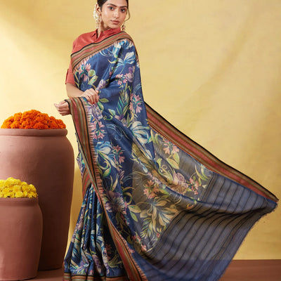 Dark Grey Handloom Tussar Silk Saree With Printed Floral Motifs