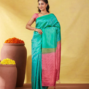 Aquamarine Soft Silk Saree With Floral Zari Motifs & Contrast Pallu
