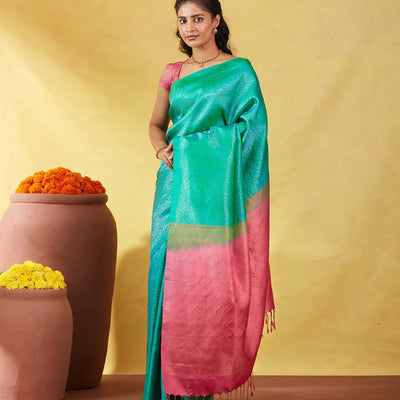 Aquamarine Soft Silk Saree With Floral Zari Motifs & Contrast Pallu