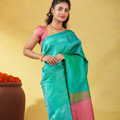 Aquamarine Soft Silk Saree With Floral Zari Motifs & Contrast Pallu