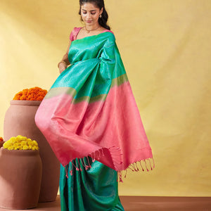 Aquamarine Soft Silk Saree With Floral Zari Motifs & Contrast Pallu