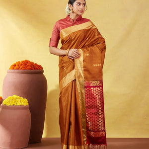 Mustard Soft Silk Saree With Stripes And Geometric Buttas