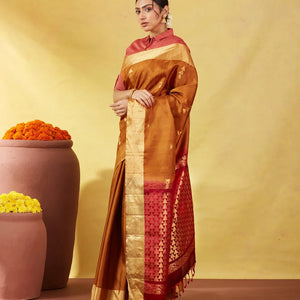 Mustard Soft Silk Saree With Stripes And Geometric Buttas