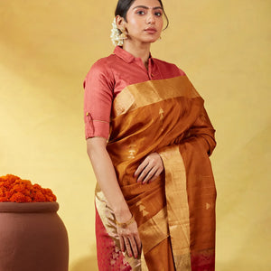 Mustard Soft Silk Saree With Stripes And Geometric Buttas