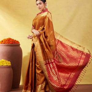 Mustard Soft Silk Saree With Stripes And Geometric Buttas