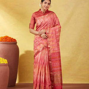 Pink Handloom Tussar Silk Saree Printed With Diamond Motifs