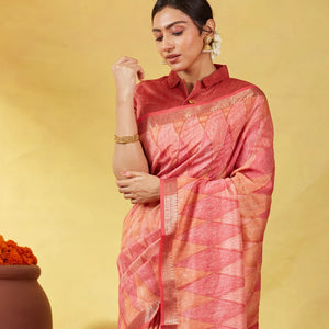 Pink Handloom Tussar Silk Saree Printed With Diamond Motifs
