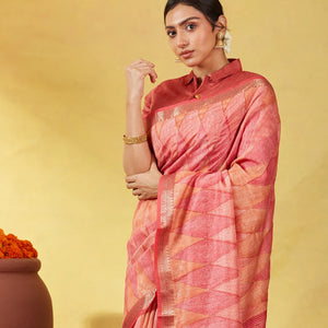 Pink Handloom Tussar Silk Saree Printed With Diamond Motifs