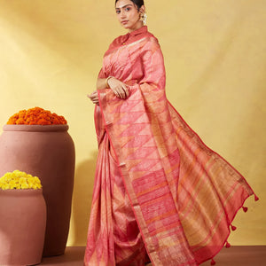 Pink Handloom Tussar Silk Saree Printed With Diamond Motifs