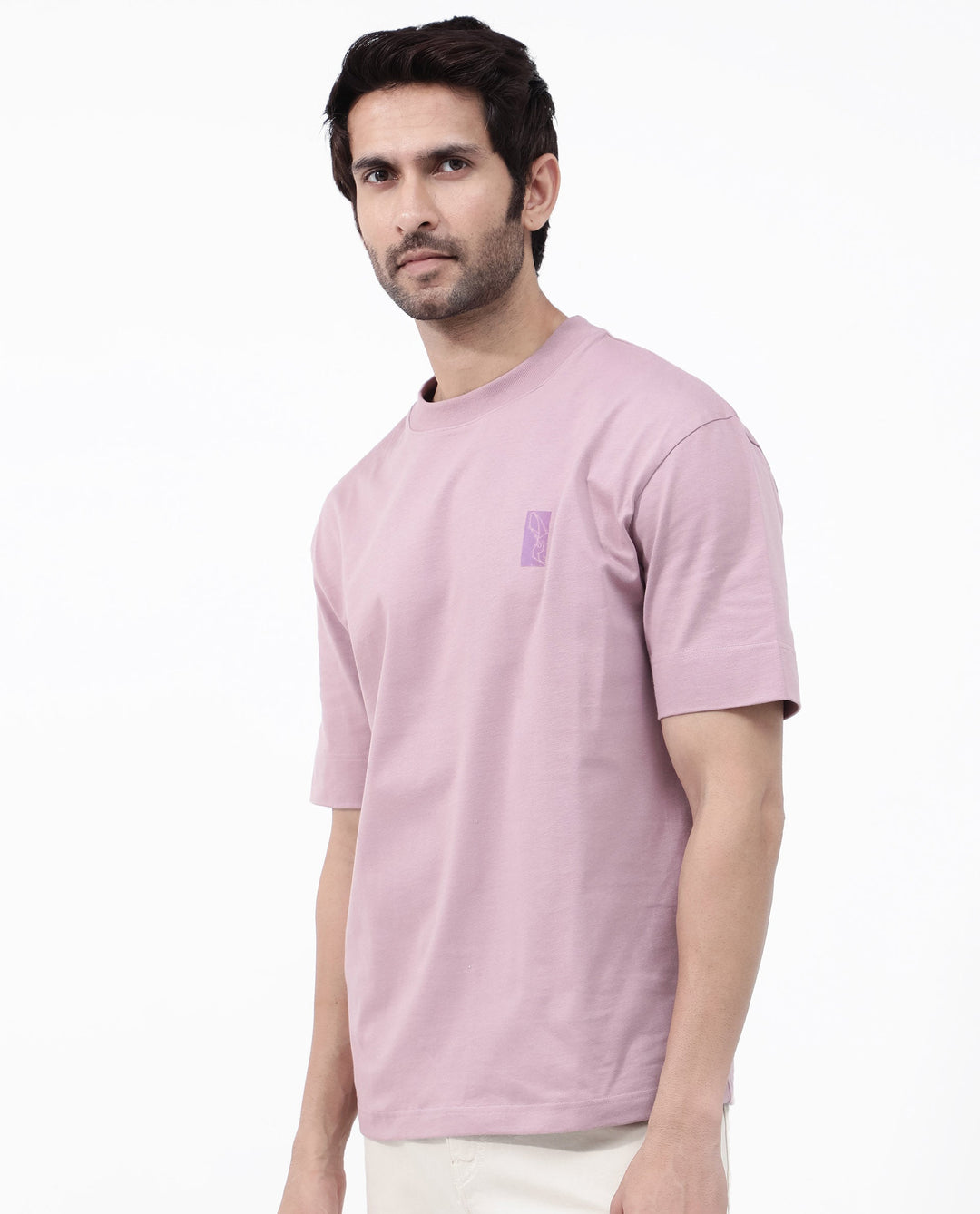 Rare Rabbit Articale Mens Roan Dusky Pink Cotton Polyester Fabric Short Sleeve Crew Neck Oversized Fit Graphic Printed T-Shirt