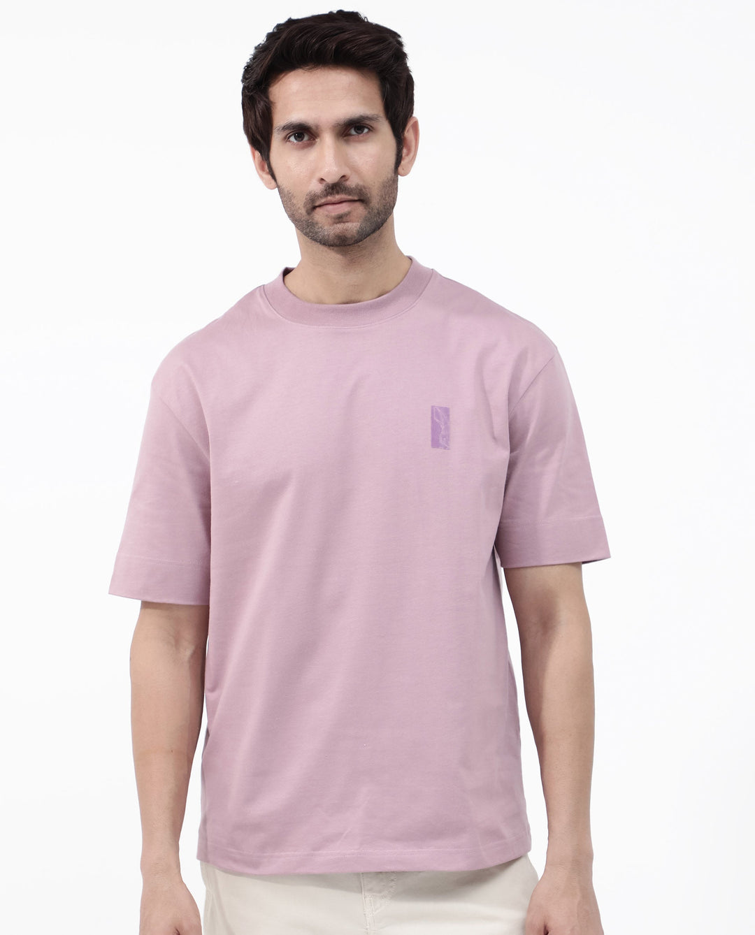 Rare Rabbit Articale Mens Roan Dusky Pink Cotton Polyester Fabric Short Sleeve Crew Neck Oversized Fit Graphic Printed T-Shirt