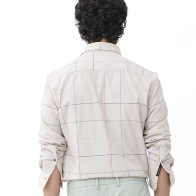 Rare Rabbit Mens Roswe Beige Full Sleeve Checks Print Cotton Blend Fabric Shirt