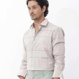 Rare Rabbit Mens Roswe Beige Full Sleeve Checks Print Cotton Blend Fabric Shirt