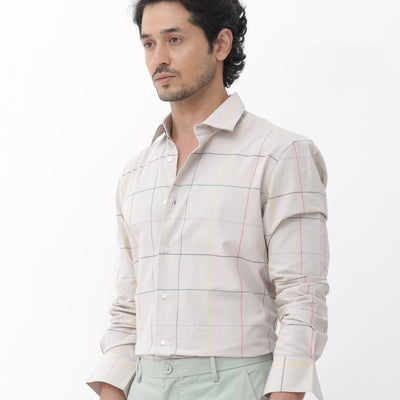 Rare Rabbit Mens Roswe Beige Full Sleeve Checks Print Cotton Blend Fabric Shirt