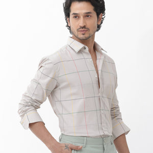 Rare Rabbit Mens Roswe Beige Full Sleeve Checks Print Cotton Blend Fabric Shirt