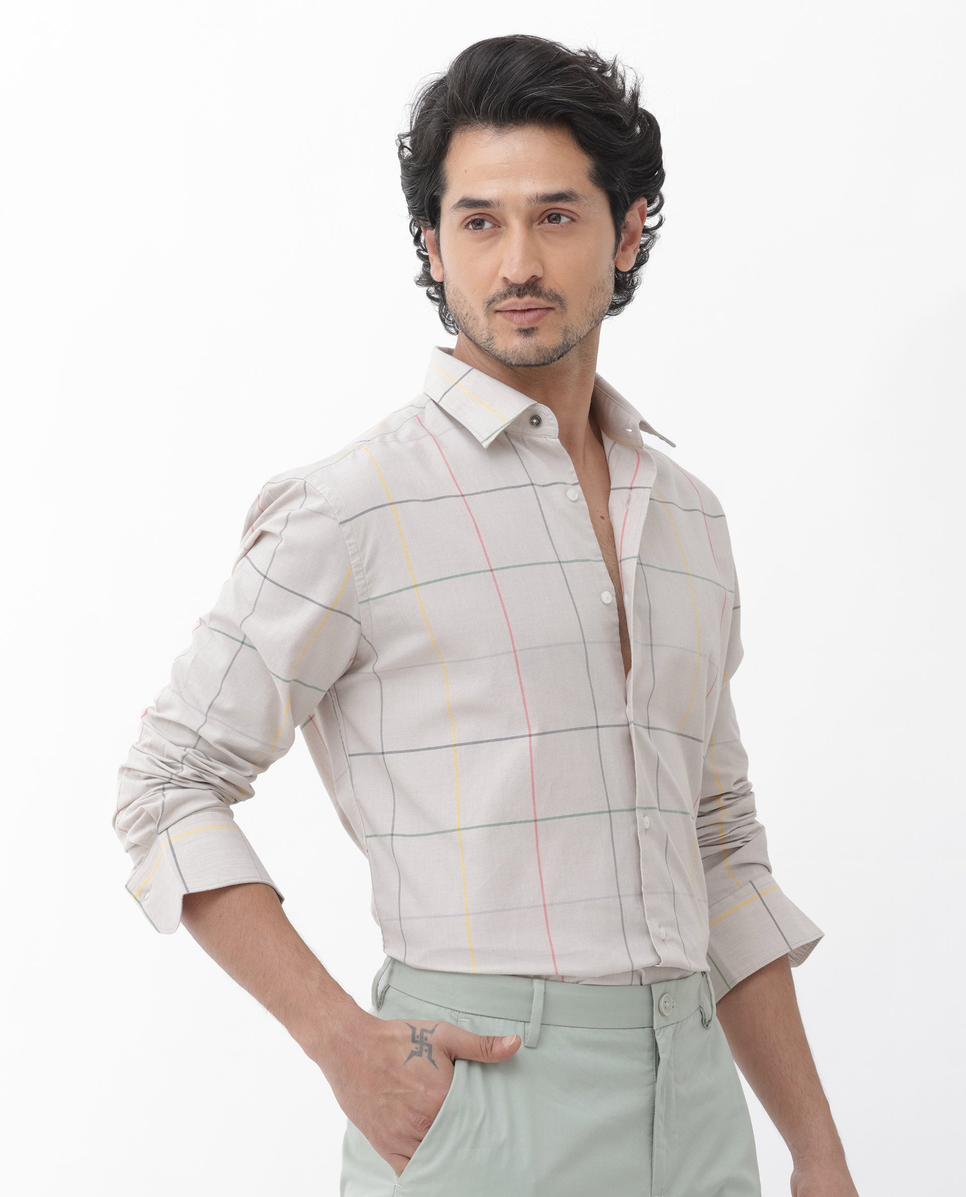 Rare Rabbit Mens Roswe Beige Full Sleeve Checks Print Cotton Blend Fabric Shirt