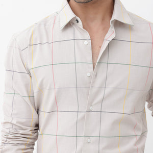 Rare Rabbit Mens Roswe Beige Full Sleeve Checks Print Cotton Blend Fabric Shirt