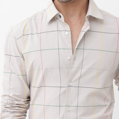 Rare Rabbit Mens Roswe Beige Full Sleeve Checks Print Cotton Blend Fabric Shirt