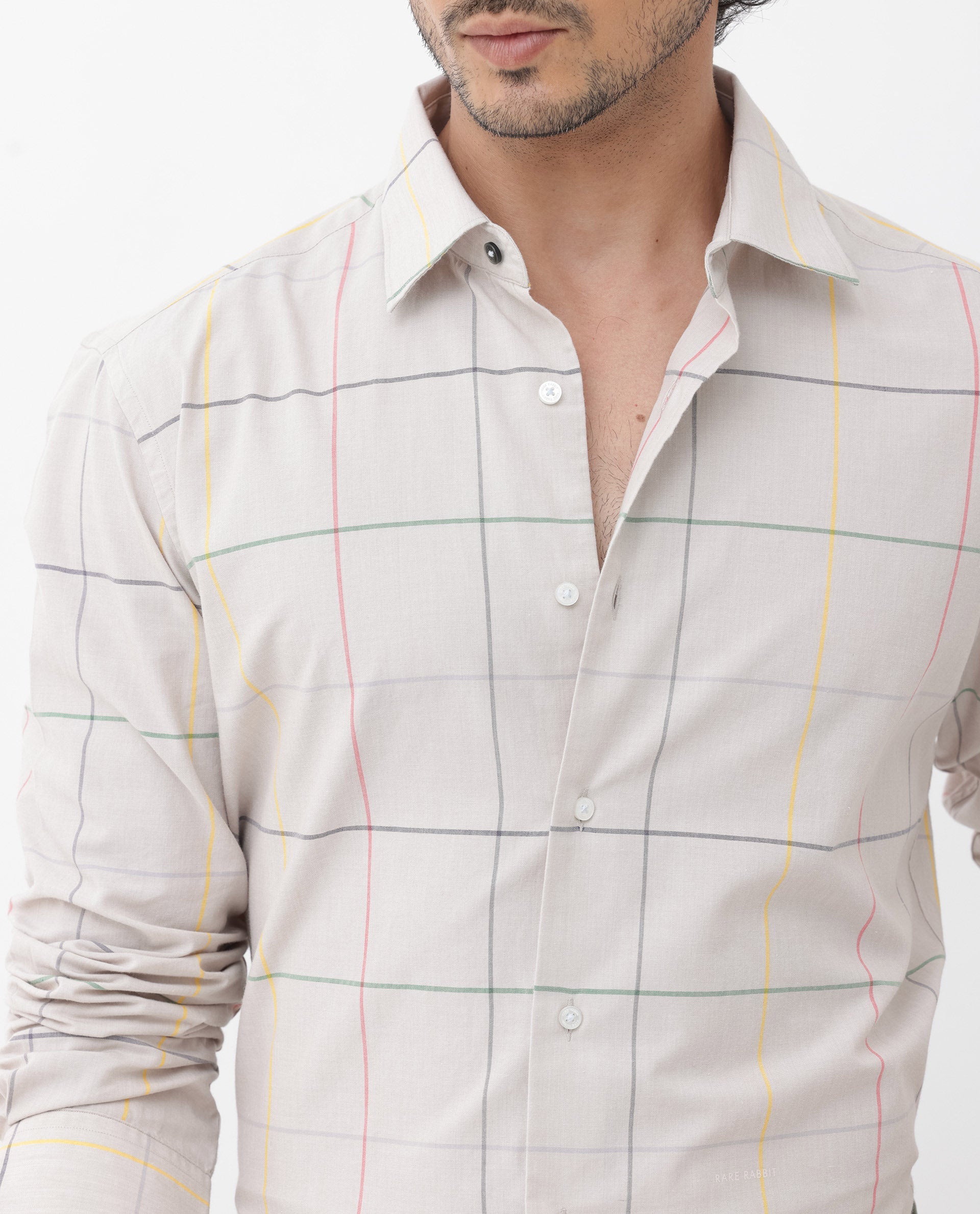 Rare Rabbit Mens Roswe Beige Full Sleeve Checks Print Cotton Blend Fabric Shirt