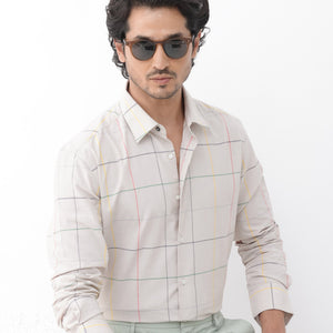 Rare Rabbit Mens Roswe Beige Full Sleeve Checks Print Cotton Blend Fabric Shirt