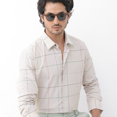 Rare Rabbit Mens Roswe Beige Full Sleeve Checks Print Cotton Blend Fabric Shirt