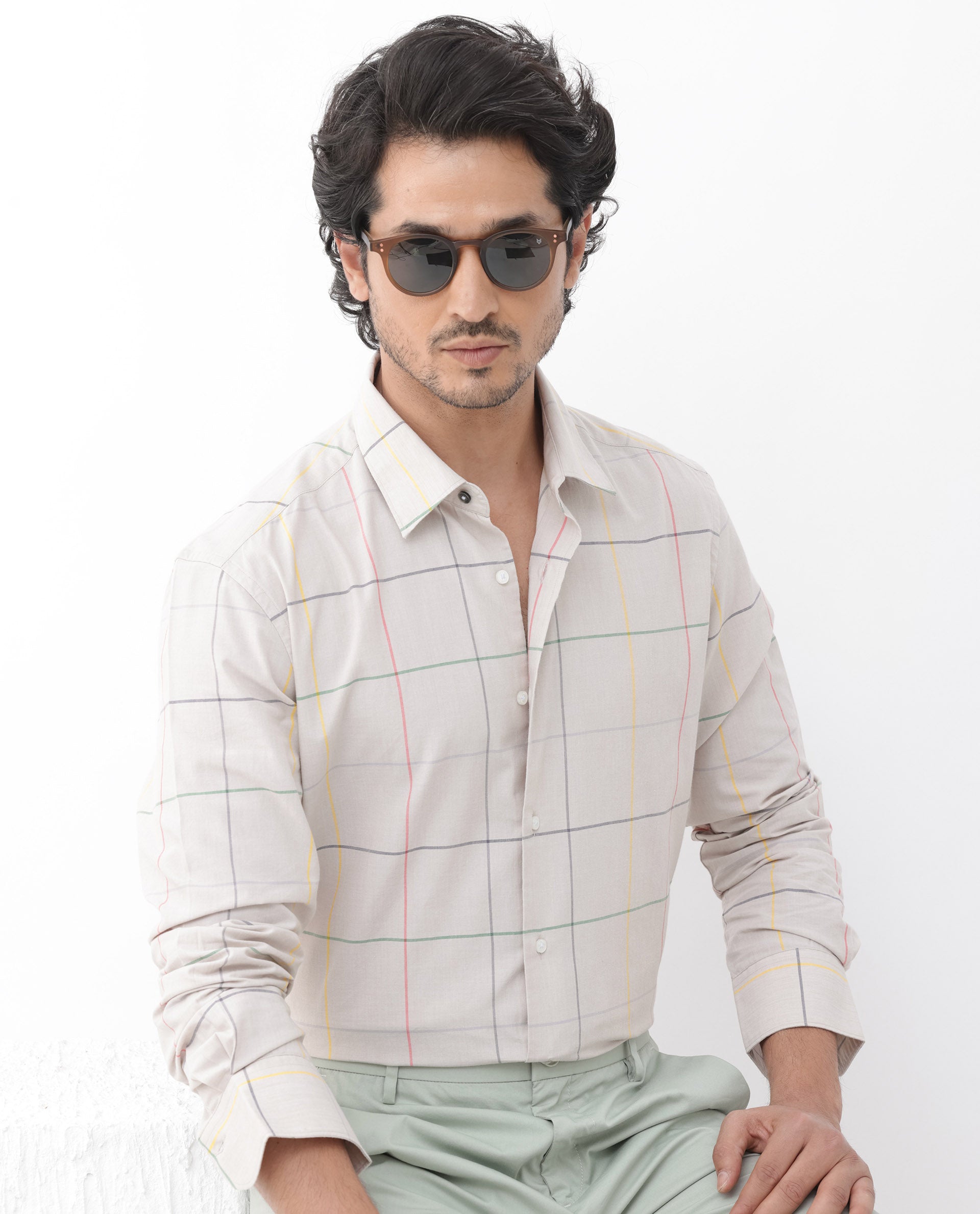 Rare Rabbit Mens Roswe Beige Full Sleeve Checks Print Cotton Blend Fabric Shirt