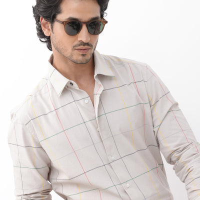 Rare Rabbit Mens Roswe Beige Full Sleeve Checks Print Cotton Blend Fabric Shirt